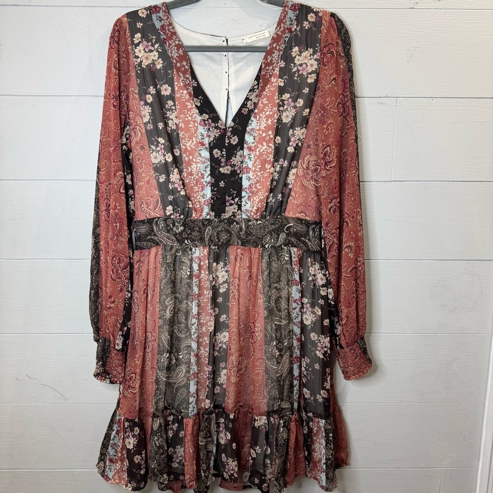 Lovestitch Bohemian Floral Patchwork Dress Long Sleeves And A Ruffled Hem Large